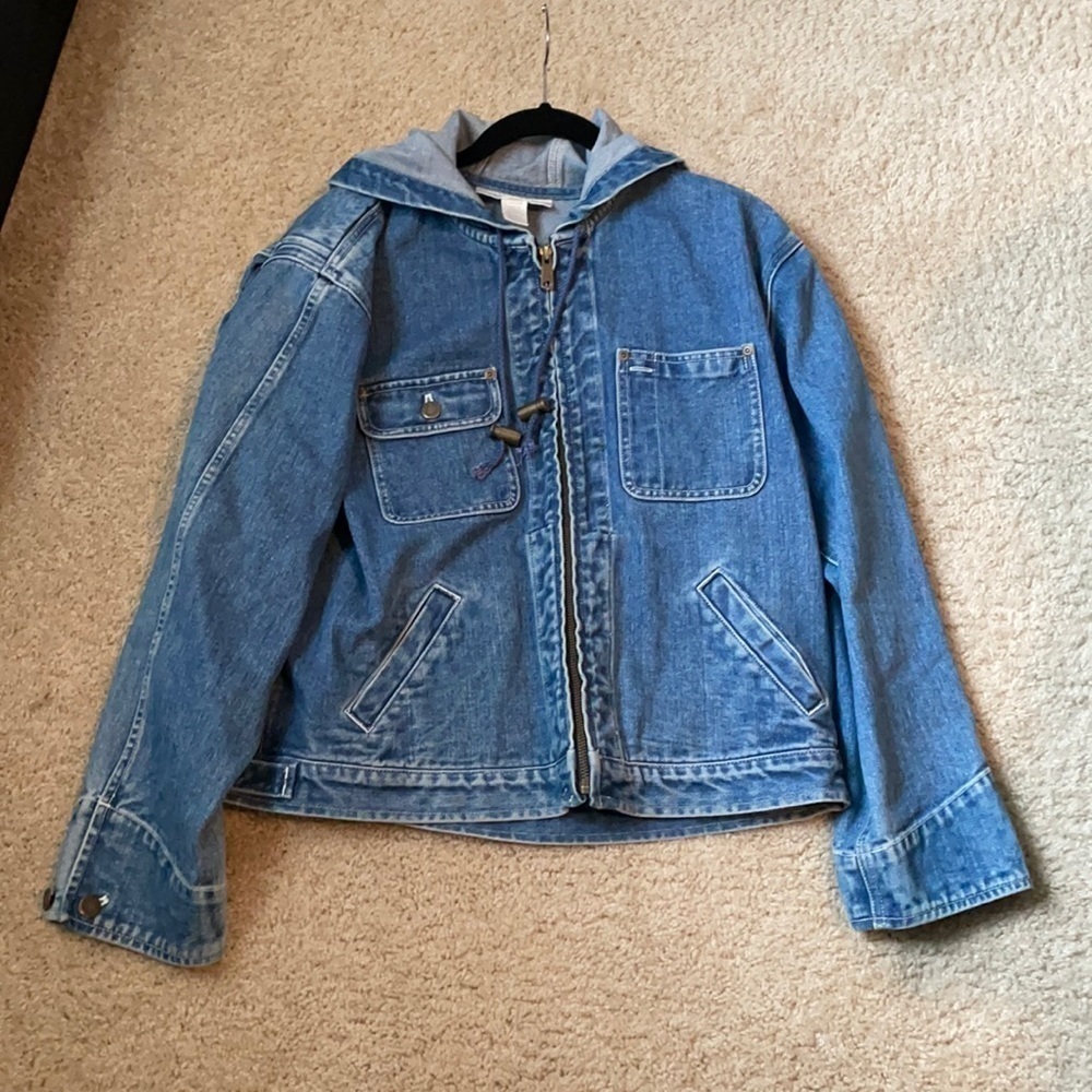 Jones NY Jean jacket with hood size large petite